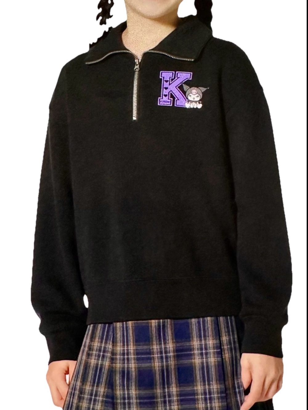 Sanrio Kuromi Kids Black 1/4 Zip Sweatshirt with Purple Kuromi Patch - Size 12